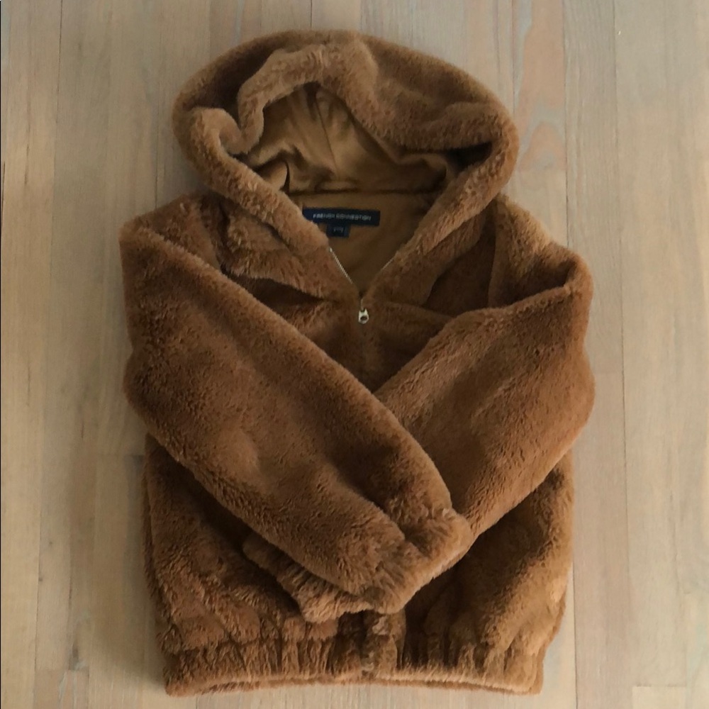 French Connection Plush Brown Hooded Hoodie Jacket